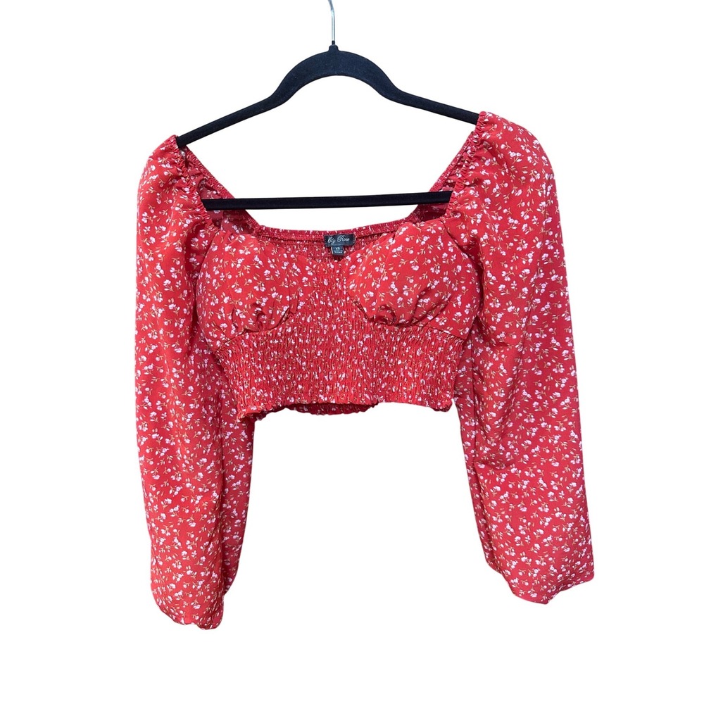 Lily Rose Red Floral Smocked Puff Sleeve Crop Top Sweetheart Neck XS A4844U54A69